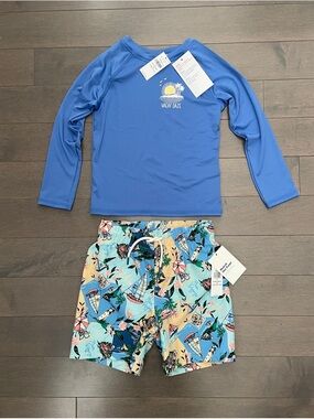 Old Navy Blue Long-Sleeve Rash Guard with Tropical Print Swim Shorts Set or Lot